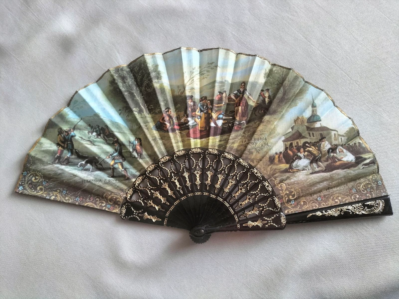 Éventail Vintage Espagnol | Très bon état | Reproductions de Goya | Multicolore